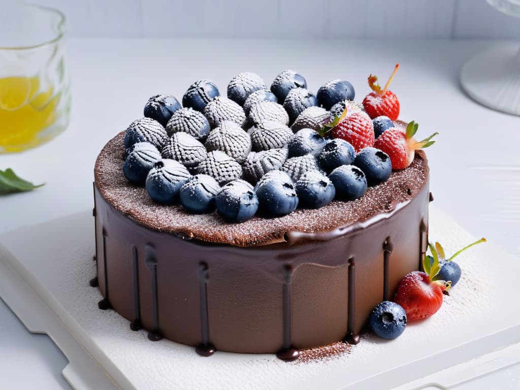  A closeup, ultradetailed image of a decadent vegan chocolate cake topped with fresh berries and a dusting of powdered sugar. The cake is placed on a sleek, white marble countertop, with soft natural light illuminating its rich texture and glossy finish. The vibrant colors of the berries contrast beautifully with the deep, dark chocolate, creating a visually striking and mouthwatering composition. hyperrealistic, full body, detailed clothing, highly detailed, cinematic lighting, stunningly beautiful, intricate, sharp focus, f/1. 8, 85mm, (centered image composition), (professionally color graded), ((bright soft diffused light)), volumetric fog, trending on instagram, trending on tumblr, HDR 4K, 8K