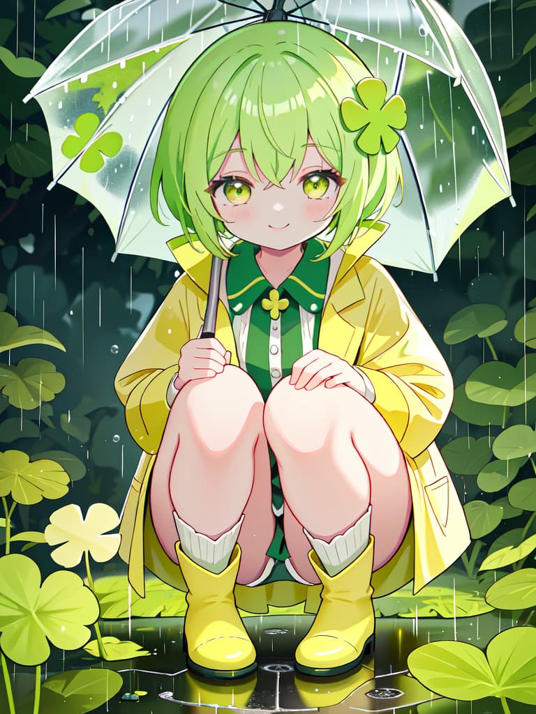  Staring at the four leaf clover with an umbrella in the rain, a yellow raincoat and a yellow green haired girl character in boots, crouching and staring at the on the ground and staring with a smile., masterpiece, best quality,8k,ultra detailed,high resolution,an extremely delicate and beautiful,hyper detail