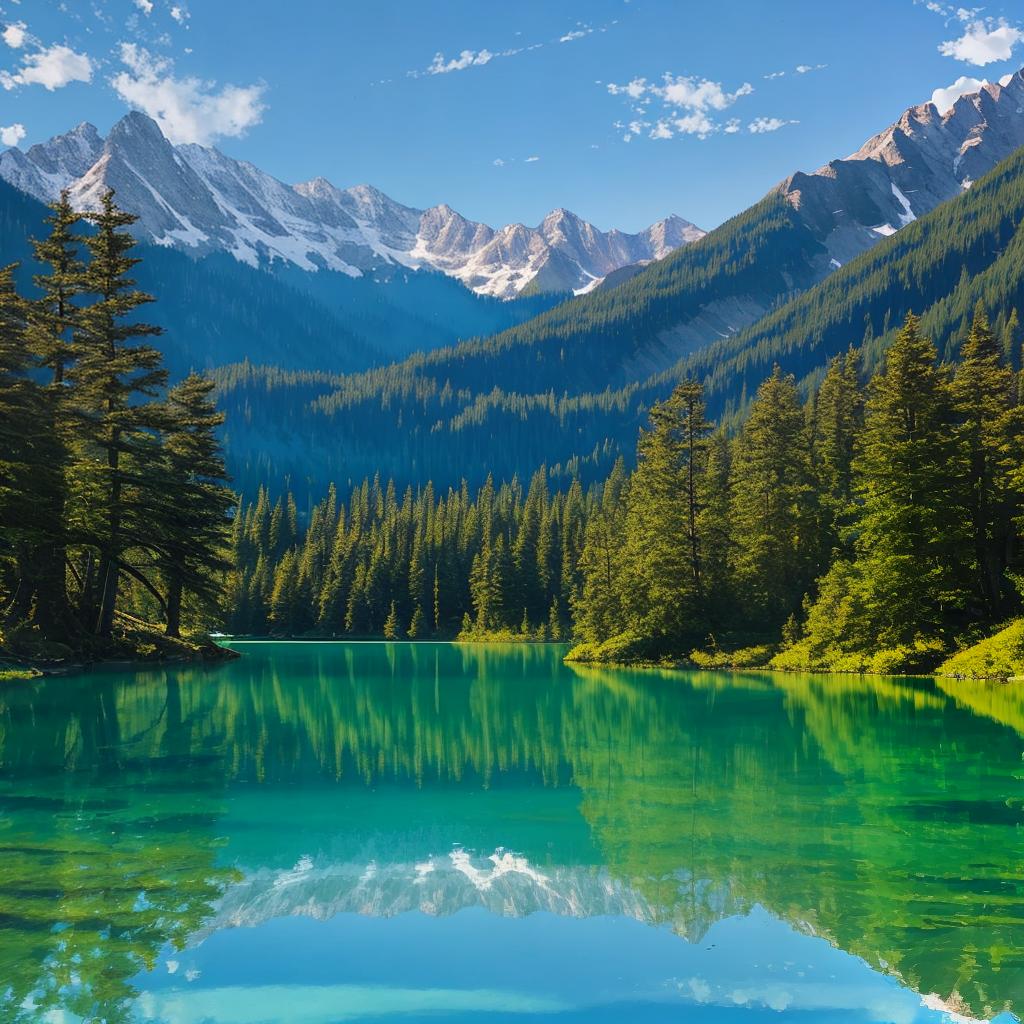  as a painting, Convey the serene majesty of towering mountains reflected in the crystal-clear waters of a tranquil alpine lake, using your unique artistic vision to evoke a sense of awe and tranquility.