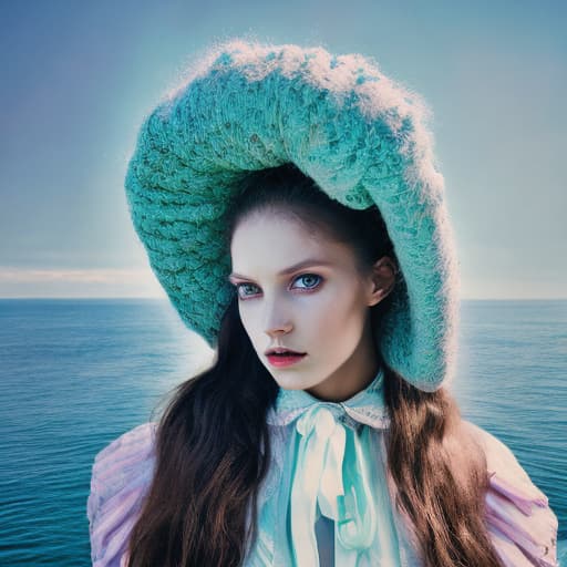 portrait+ style Lady, girl from the sleepy Hollow, eccentric clothes, vintage clothes, modern clothes, colours from the 70s, surrounded by ocean layer paper