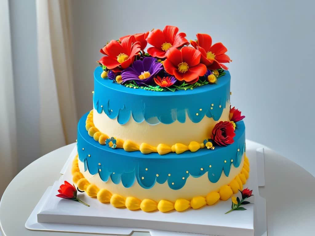  A photorealistic image of a beautifully decorated multilayered cake, showcasing a harmonious blend of vibrant colors and intricate designs. The cake is adorned with a variety of colorful flowers, delicate piping details, and shimmering edible gold accents. The background features a soft focus to highlight the exquisite craftsmanship of the cake, creating a visually stunning and appetizing centerpiece. hyperrealistic, full body, detailed clothing, highly detailed, cinematic lighting, stunningly beautiful, intricate, sharp focus, f/1. 8, 85mm, (centered image composition), (professionally color graded), ((bright soft diffused light)), volumetric fog, trending on instagram, trending on tumblr, HDR 4K, 8K