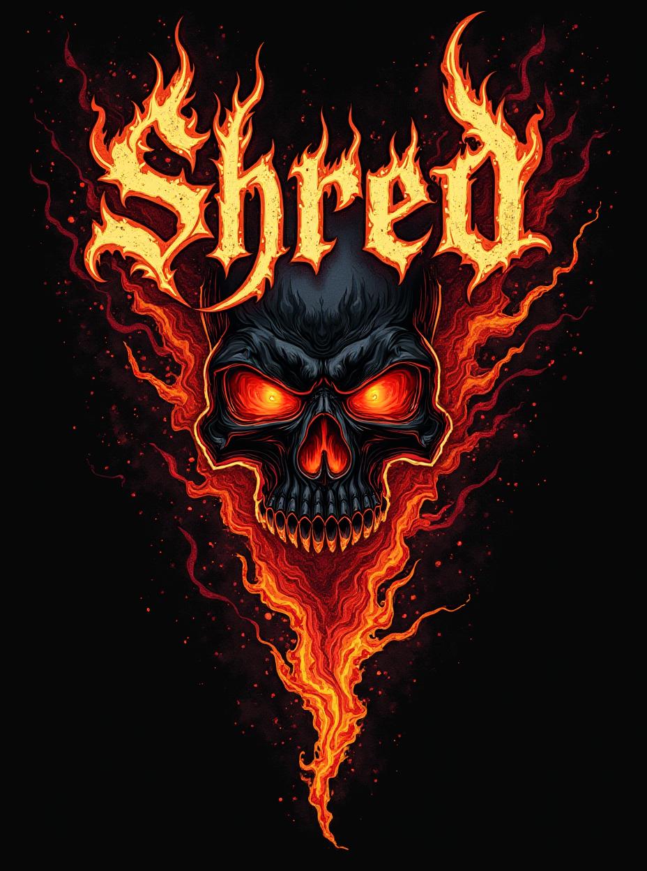  good quality, high quality, death metal shirt design. there are designs related to metal music. fire and abstract shapes the letters "shred on top of the design