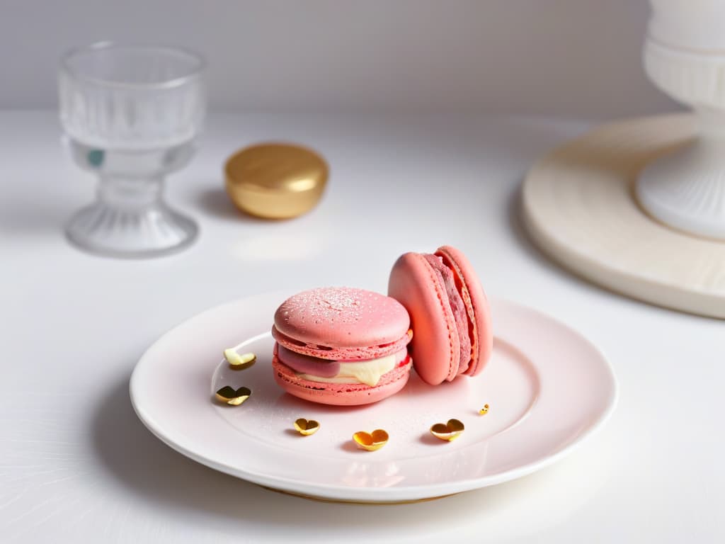  A closeup, ultradetailed image of a delicate, perfectly crafted French macaron placed on a pristine white porcelain plate. The macaron is a vibrant shade of pastel pink with a glossy finish, showcasing intricate ridges and a dusting of edible gold flakes on top. The background is softly blurred to maintain focus on the exquisite details of the dessert. hyperrealistic, full body, detailed clothing, highly detailed, cinematic lighting, stunningly beautiful, intricate, sharp focus, f/1. 8, 85mm, (centered image composition), (professionally color graded), ((bright soft diffused light)), volumetric fog, trending on instagram, trending on tumblr, HDR 4K, 8K