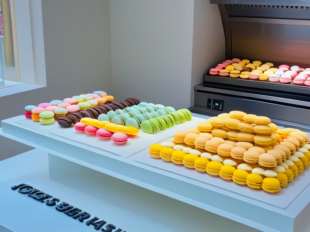  An ultradetailed 8k image of a serene and elegant French patisserie kitchen, featuring a marble countertop adorned with perfectly aligned rows of colorful, delicate macarons in various pastel shades. The natural light streaming in through a large window highlights the intricate textures and glossy finish of these exquisite French treats, creating a visually appealing and aspirational scene for the readers of the article. hyperrealistic, full body, detailed clothing, highly detailed, cinematic lighting, stunningly beautiful, intricate, sharp focus, f/1. 8, 85mm, (centered image composition), (professionally color graded), ((bright soft diffused light)), volumetric fog, trending on instagram, trending on tumblr, HDR 4K, 8K