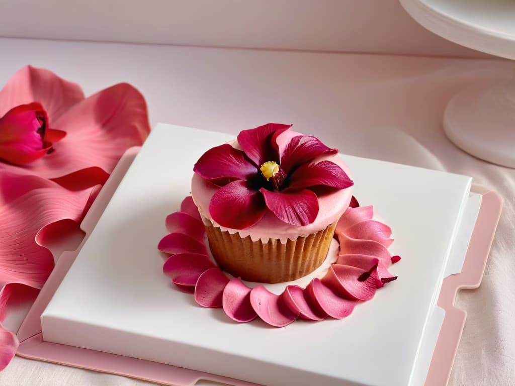  An ultradetailed closeup image of a freshly baked hibiscus flowerinfused cupcake with vibrant pink frosting, delicately topped with dried hibiscus petals glistening under a soft, natural light. The cupcake sits on a sleek, modern white plate, emphasizing the intricate details of the frosting swirl and the texture of the edible flower petals, creating a visually striking and appetizing minimalistic composition that perfectly captures the essence of using hibiscus in pastry art. hyperrealistic, full body, detailed clothing, highly detailed, cinematic lighting, stunningly beautiful, intricate, sharp focus, f/1. 8, 85mm, (centered image composition), (professionally color graded), ((bright soft diffused light)), volumetric fog, trending on instagram, trending on tumblr, HDR 4K, 8K