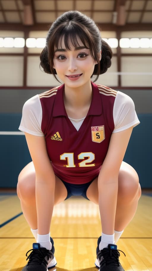  /imagine 32K images, cinematography and exotic lighting, beautiful old , ((resembling actress Suzu Hirose)), volleyball uniform, hands on floor, squatting, up, , wearing small bloomers, camel claws, , nice round , Japanese, cute, big eyes long eyelashes, fringed, well-defined face, nicely made eyes, small face, smiling happily, looking at viewer, smiling, (sweaty uniform), gym, indoors, volleyball court, hyperrealistic, full body, detailed clothing, highly detailed, cinematic lighting, stunningly beautiful, intricate, sharp focus, f/1. 8, 85mm, (centered image composition), (professionally color graded), ((bright soft diffused light)), volumetric fog, trending on instagram, trending on tumblr, HDR 4K, 8K