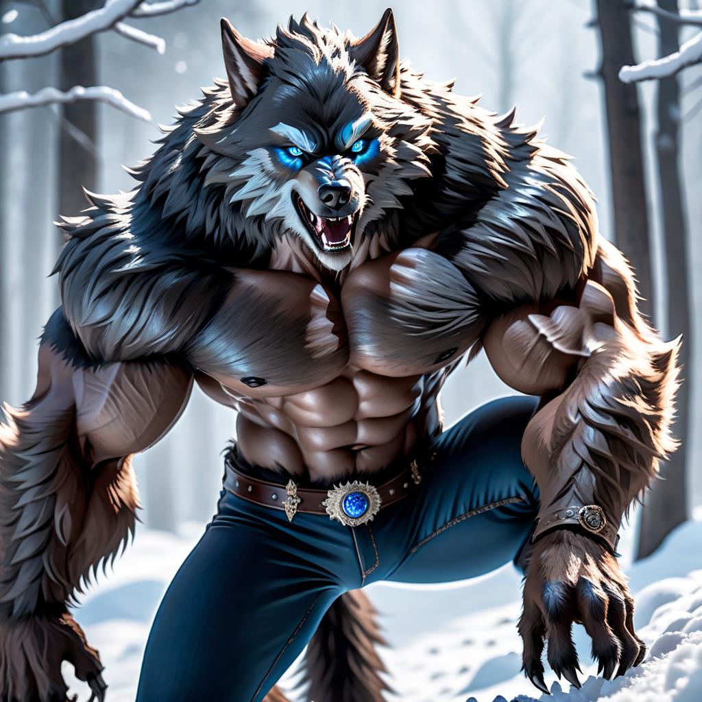  A werewolf with blue eyes, slightly muscular, stands in the snow wearing pants. hyperrealistic, full body, detailed clothing, highly detailed, cinematic lighting, stunningly beautiful, intricate, sharp focus, f/1. 8, 85mm, (centered image composition), (professionally color graded), ((bright soft diffused light)), volumetric fog, trending on instagram, trending on tumblr, HDR 4K, 8K