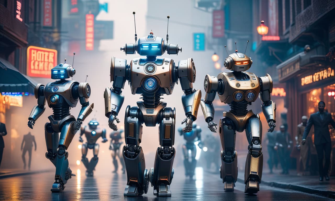  Happy robots are dancing. hyperrealistic, full body, detailed clothing, highly detailed, cinematic lighting, stunningly beautiful, intricate, sharp focus, f/1. 8, 85mm, (centered image composition), (professionally color graded), ((bright soft diffused light)), volumetric fog, trending on instagram, trending on tumblr, HDR 4K, 8K