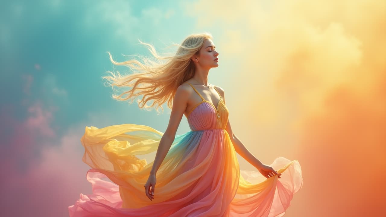  good quality, high quality, a beautiful woman with long blonde hair wearing a flowing rainbow dress stands in the center of a colorful background. the background is a mixture of pastel blues, oranges, and yellows. the woman's hair is flowing in the wind and her dress is billowing around her. the woman's eyes are closed and she looks peaceful. the dress is made of silk and has a lot of detail. the background is very abstract and the colors are soft and dreamy. the image is a photorealistic painting. the style is similar to the work of ivan bilibin and vasiliy polenov. the overall feeling of the image is one of peace and serenity. the image should have a strong sense of depth. the woman should be the focus of the image. the lighting should be