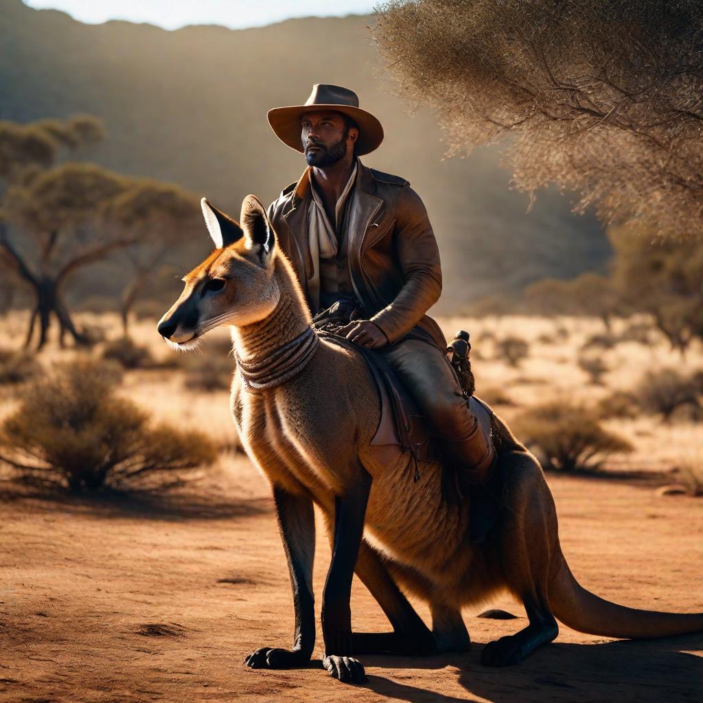  some based chad named moonoshi riding a kangaroo in the australian outback hyperrealistic, full body, detailed clothing, highly detailed, cinematic lighting, stunningly beautiful, intricate, sharp focus, f/1. 8, 85mm, (centered image composition), (professionally color graded), ((bright soft diffused light)), volumetric fog, trending on instagram, trending on tumblr, HDR 4K, 8K