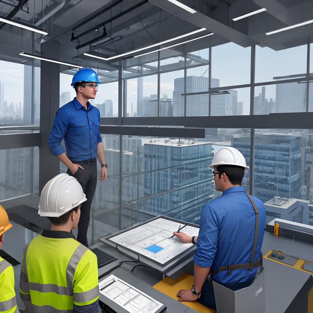  masterpiece, best quality, Two male engineers wearing hard hats and safety gear are engaged in a conversation while reviewing architectural blueprints in a modern glass building. One is wearing a blue shirt and tie, and the other is in a reflective vest