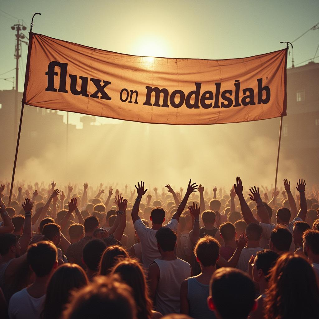  vintage style, a huge crowd cheering at a huge banner, banner contains the text 'flux lora on modelslab'.