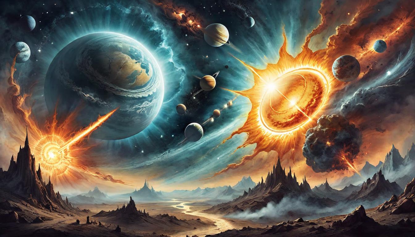  on parchment, surrealism+++, Gigantic solar flare illuminating the cosmos, planets in alignment beneath, celestial fury unleashed, awe and danger, cosmic spectacle, beauty in destruction, apocalyptic awe.(mysterious, provocative, symbolic,muted color)+++