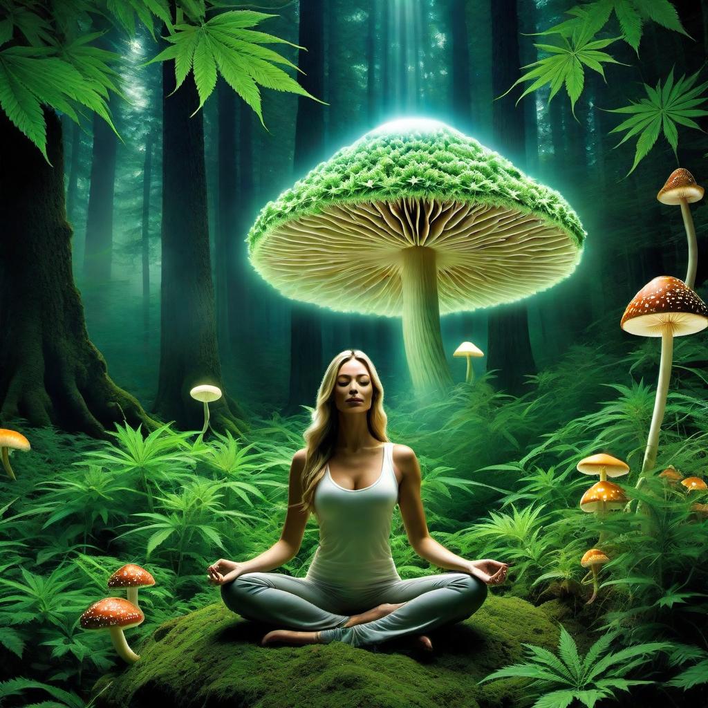  Create an image of an individual in a state of bliss, emanating a sense of peace and happiness while being under the influence of marijuana and mushrooms. The individual should be surrounded by a serene and surreal environment that signifies a harmonious blend of altered perception and tranquility. There may be visual elements like soft glowing lights, ethereal colors, and dream-like landscapes that reflect the euphoric and introspective experience often associated with the use of these substances. hyperrealistic, full body, detailed clothing, highly detailed, cinematic lighting, stunningly beautiful, intricate, sharp focus, f/1. 8, 85mm, (centered image composition), (professionally color graded), ((bright soft diffused light)), volumetric fog, trending on instagram, trending on tumblr, HDR 4K, 8K