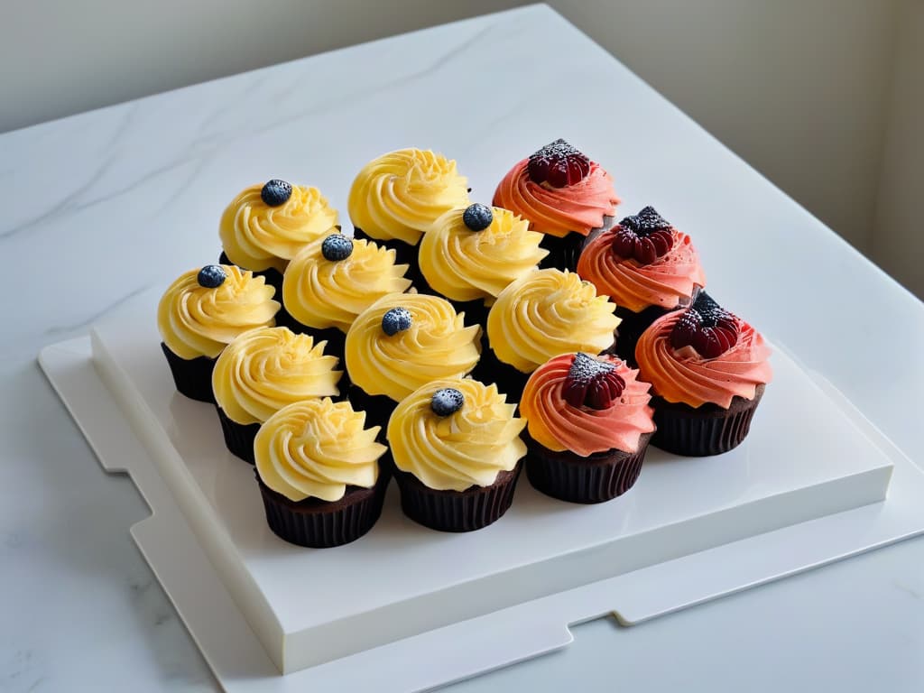  A minimalistic image featuring an array of intricately decorated vegan cupcakes, each with unique designs and vibrant colors, displayed on a sleek marble countertop with soft natural lighting casting gentle shadows. The cupcakes are artfully arranged in a symmetrical pattern, showcasing the creativity and beauty of vegan baking. hyperrealistic, full body, detailed clothing, highly detailed, cinematic lighting, stunningly beautiful, intricate, sharp focus, f/1. 8, 85mm, (centered image composition), (professionally color graded), ((bright soft diffused light)), volumetric fog, trending on instagram, trending on tumblr, HDR 4K, 8K