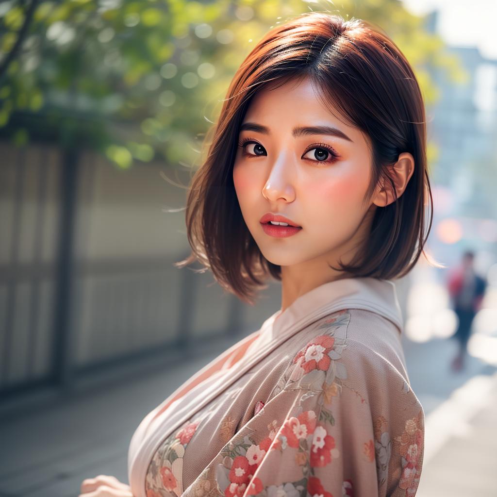  (masterpiece:1.3), (8k, photorealistic, photo, best quality: 1.4), (Japanese woman wearing clothes:),(realistic face), realistic eyes, (realistic skin), beautiful skin, kimono, (perfect body:1.3), (detailed body:1.2), hyperrealistic, full body, detailed clothing, highly detailed, cinematic lighting, stunningly beautiful, intricate, sharp focus, f/1. 8, 85mm, (centered image composition), (professionally color graded), ((bright soft diffused light)), volumetric fog, trending on instagram, trending on tumblr, HDR 4K, 8K