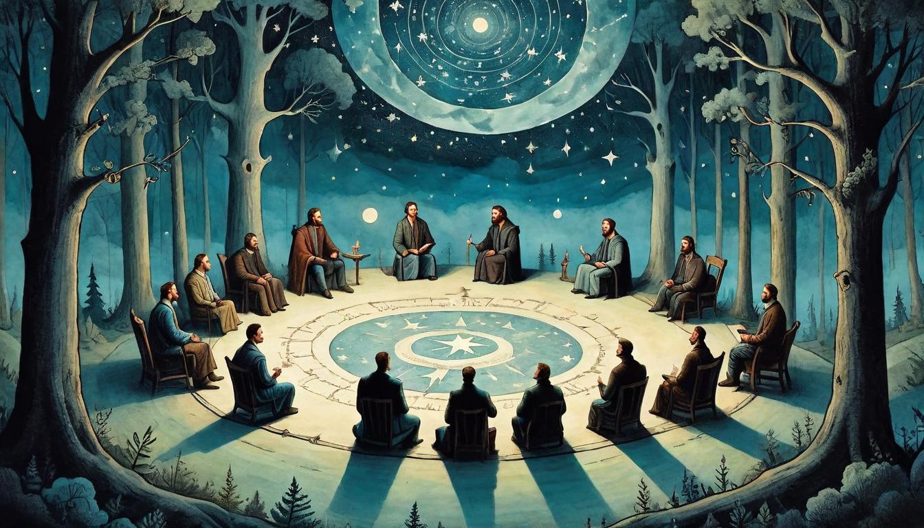  on parchment, surrealism+++, Group of like minded individuals in a circle, serene forest setting, stars overhead, sharing stories, deep understanding, mutual appreciation(mysterious, provocative, symbolic,muted color)+++