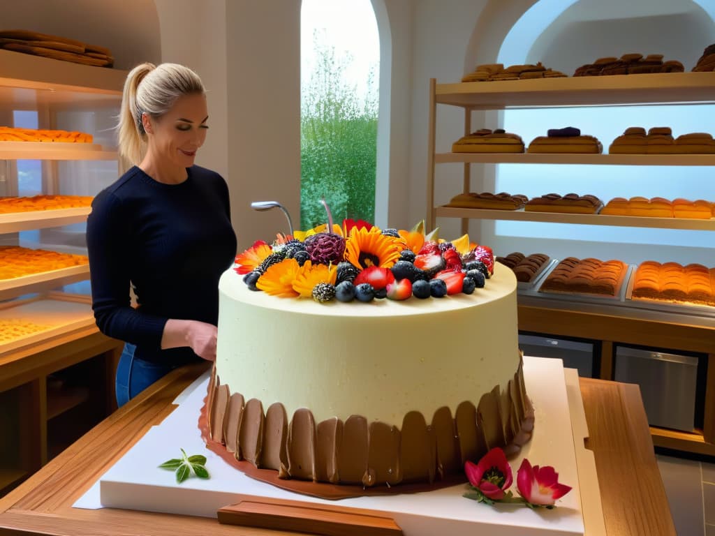  A photorealistic image of a professional pastry chef, Claire Ptak, elegantly decorating a stunning and intricately designed organic cake in a cozy, sunlit bakery. The chef is focused and precise, delicately adding the final touches to the masterpiece with vibrant, freshly picked edible flowers and seasonal fruits. The background showcases shelves filled with artisanal baked goods, jars of colorful spices, and rustic wooden countertops adorned with vintage baking tools, creating a warm and inviting atmosphere that highlights the beauty of organic pastrymaking. hyperrealistic, full body, detailed clothing, highly detailed, cinematic lighting, stunningly beautiful, intricate, sharp focus, f/1. 8, 85mm, (centered image composition), (professionally color graded), ((bright soft diffused light)), volumetric fog, trending on instagram, trending on tumblr, HDR 4K, 8K