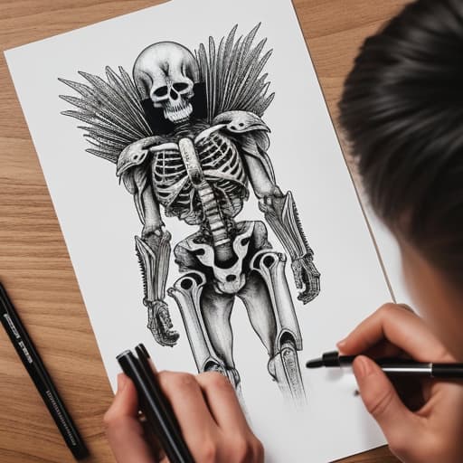  skeleton drawing paint markers with a kid drawing it hyperrealistic, full body, detailed clothing, highly detailed, cinematic lighting, stunningly beautiful, intricate, sharp focus, f/1. 8, 85mm, (centered image composition), (professionally color graded), ((bright soft diffused light)), volumetric fog, trending on instagram, trending on tumblr, HDR 4K, 8K