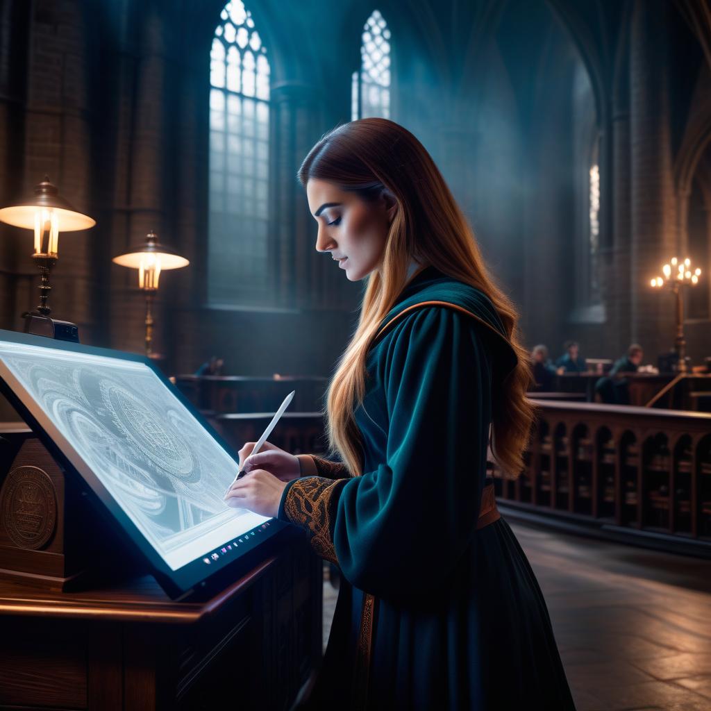  A girl is drawing on a graphic tablet in Hogwarts. hyperrealistic, full body, detailed clothing, highly detailed, cinematic lighting, stunningly beautiful, intricate, sharp focus, f/1. 8, 85mm, (centered image composition), (professionally color graded), ((bright soft diffused light)), volumetric fog, trending on instagram, trending on tumblr, HDR 4K, 8K