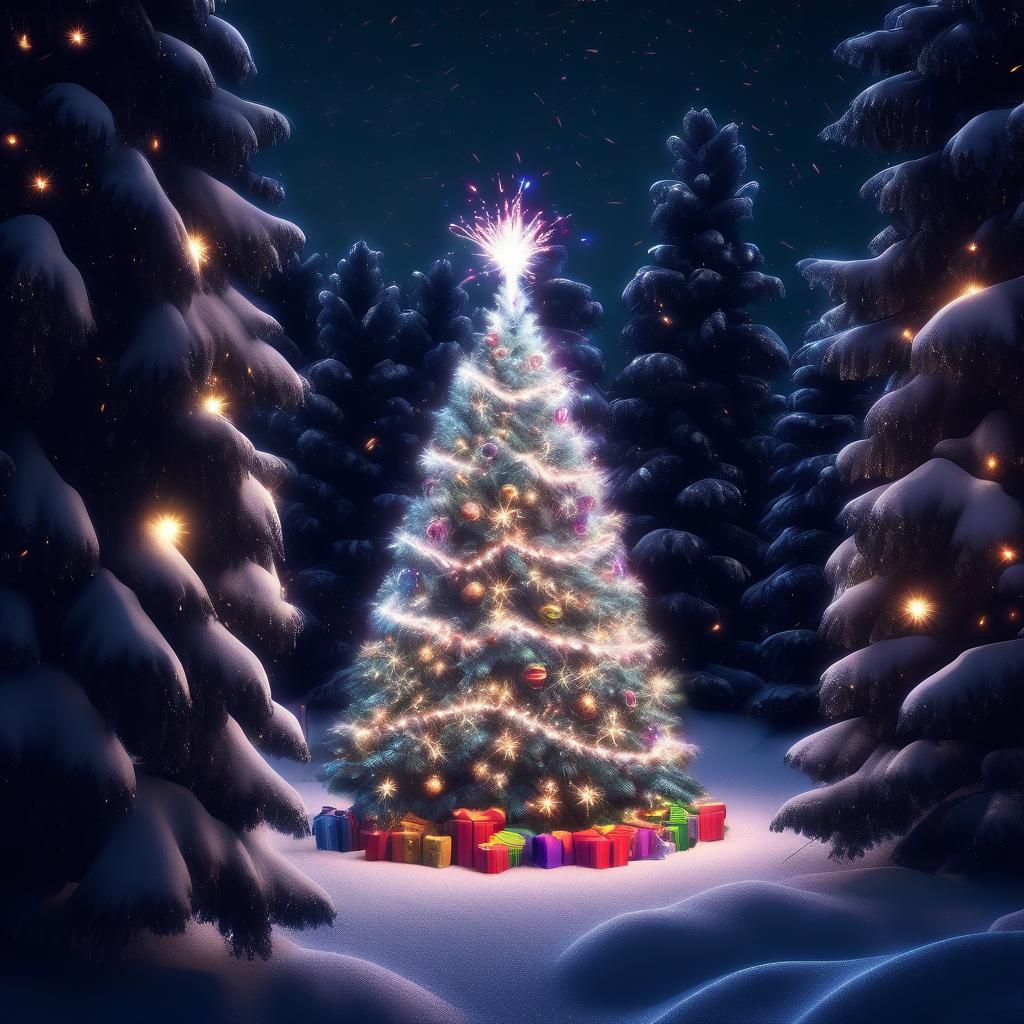  Winter, night, bright lush elegant Christmas tree with Christmas toys and lights in the forest, fireworks, (Extremely Detailed Oil Painting:1.2), glow effects, godrays, Hand drawn, render, 8k, octane render, cinema 4d, blender, dark, atmospheric 4k ultra detailed, cinematic sensual, Sharp focus, humorous illustration, big depth of field, Masterpiece, colors, 3d octane render, 4k, concept art, trending on artstation, hyperrealistic, Vivid colors, extremely detailed CG unity 8k wallpaper, trending on ArtStation, trending on CGSociety, Intricate, High Detail, dramatic