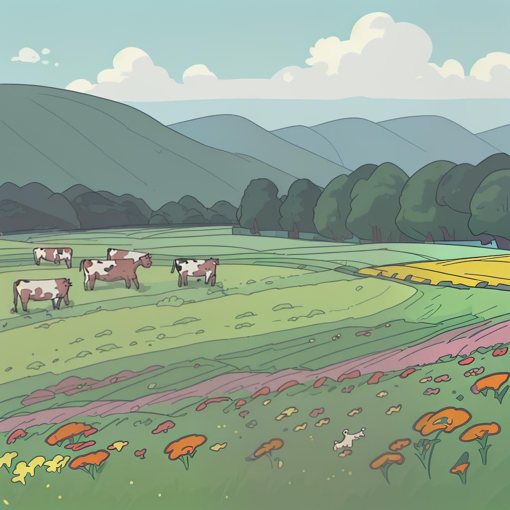  green grass over the fields, cows, flowers