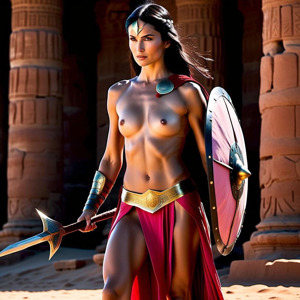  cinematic film still cinematic photo An ancient Spartan woman plays sports with with a spear in his right hand and a shield in his left hand, , without clothes, (((topless))), at full height body, with black hair, slight smile,, ((light-pink-nipples)), pose, slender, slim waist, long red loincloth, tanned skin, perfect symmetric eyes, gorgeous face, action pose, Ancient Sparta village. 35mm photograph, film, bokeh, professional, 4k, highly detailed . shallow depth of field, vignette, highly detailed, high budget, bokeh, cinemascope, moody, epic, gorgeous, film grain, grainy