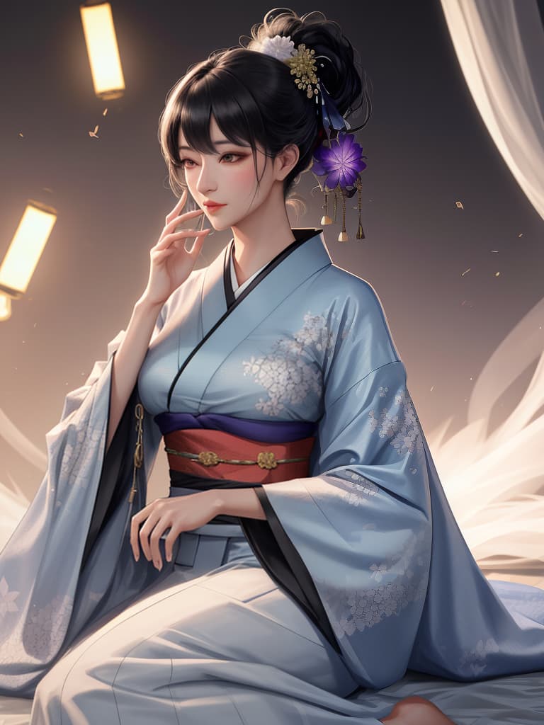  Woman, yukata, kimono, black hair, backward, you don't have to see your face, masterpiece, best quality,8k,ultra detailed,high resolution,an extremely delicate and beautiful,hyper detail hyperrealistic, full body, detailed clothing, highly detailed, cinematic lighting, stunningly beautiful, intricate, sharp focus, f/1. 8, 85mm, (centered image composition), (professionally color graded), ((bright soft diffused light)), volumetric fog, trending on instagram, trending on tumblr, HDR 4K, 8K