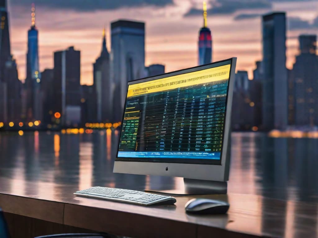  A close-up photo of a computer monitor displaying lines of code, with a reflection of the city skyline in the screen. The image captures the intersection of technology and urban development, symbolizing the collaborative efforts of AI experts in shaping the future of New York. digital art, ilustration, no flares, clean hyperrealistic, full body, detailed clothing, highly detailed, cinematic lighting, stunningly beautiful, intricate, sharp focus, f/1. 8, 85mm, (centered image composition), (professionally color graded), ((bright soft diffused light)), volumetric fog, trending on instagram, trending on tumblr, HDR 4K, 8K