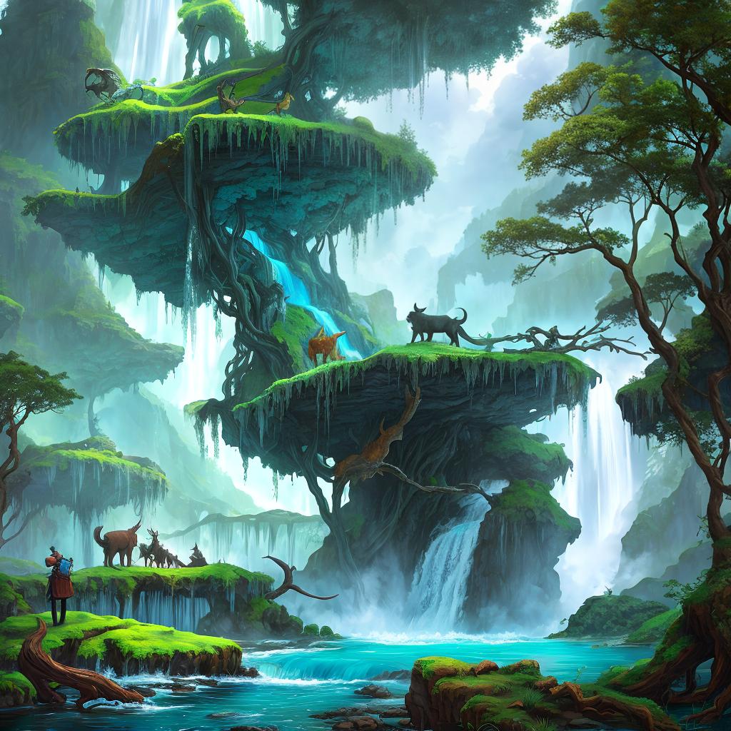  in a fantasy setting, Paint a surreal landscape where mythical beasts roam amidst cascading waterfalls.