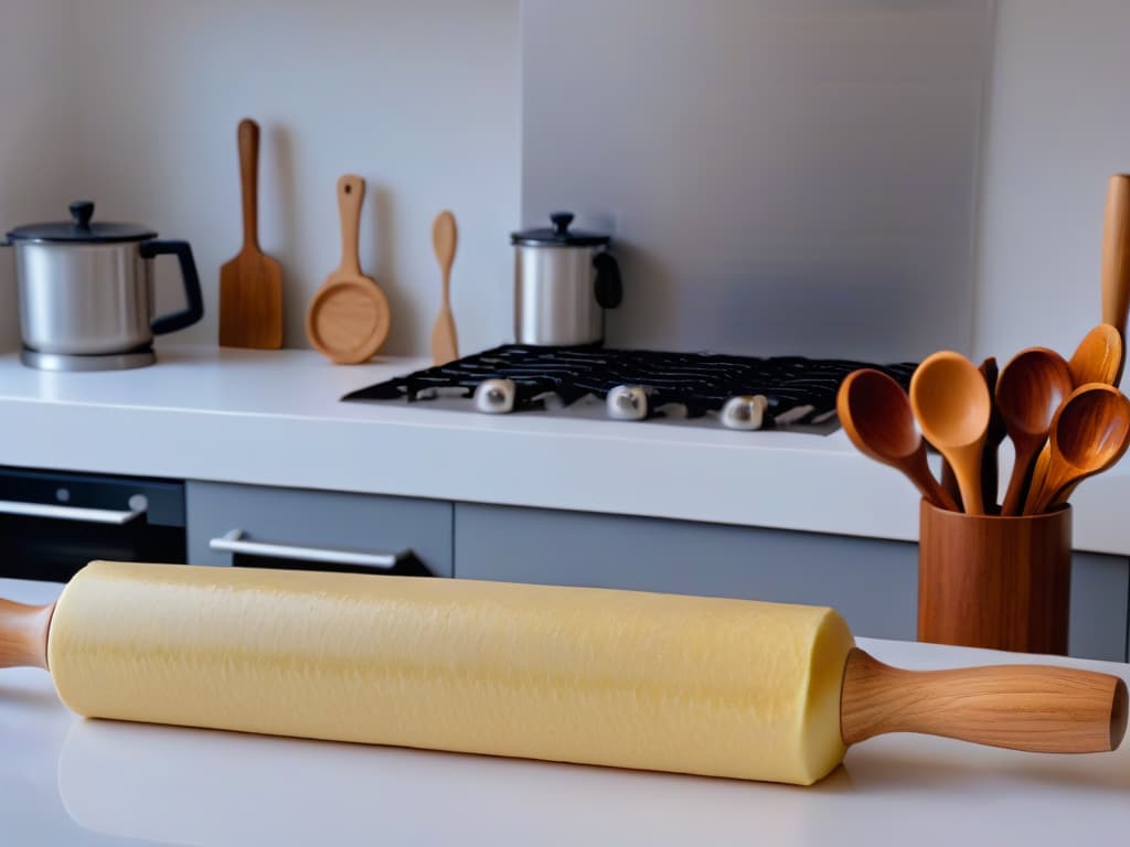  An ultradetailed 8k image of a sleek, minimalistic kitchen countertop with an array of intricately designed rolling pins for cookie and fondant decoration neatly displayed. Each rolling pin features unique and intricate patterns, showcasing the versatility and creativity that can be achieved with these tools. The image is shot from a slightly elevated angle, emphasizing the clean lines and elegant simplicity of the kitchen setting, while highlighting the exquisite details of the rolling pins. hyperrealistic, full body, detailed clothing, highly detailed, cinematic lighting, stunningly beautiful, intricate, sharp focus, f/1. 8, 85mm, (centered image composition), (professionally color graded), ((bright soft diffused light)), volumetric fog, trending on instagram, trending on tumblr, HDR 4K, 8K