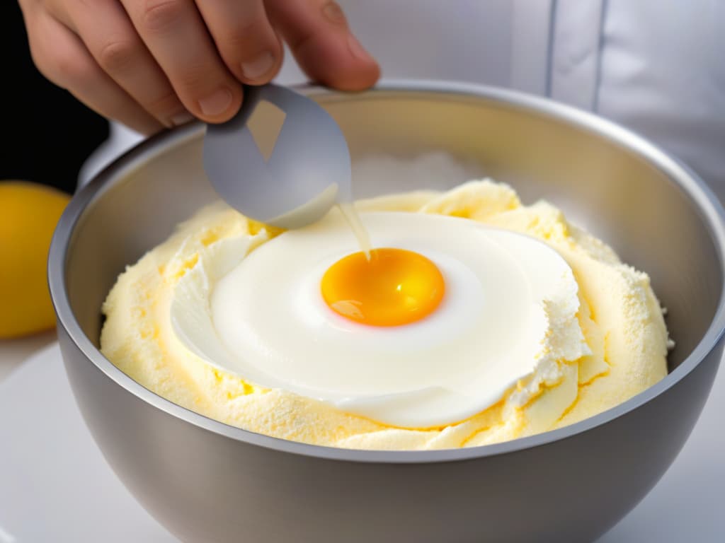  An ultradetailed photorealistic image of a professional pastry chef expertly cracking open a vibrant, farmfresh egg into a mixing bowl filled with fluffy batter. The chef's hands are skillfully separating the egg, showcasing the golden yolk and clear albumen as they effortlessly fall into the mixture, capturing the natural emulsifying process in action. The soft lighting highlights the glossy texture of the eggshells and the smooth consistency of the batter, evoking a sense of inspiration and expertise in the art of baking. hyperrealistic, full body, detailed clothing, highly detailed, cinematic lighting, stunningly beautiful, intricate, sharp focus, f/1. 8, 85mm, (centered image composition), (professionally color graded), ((bright soft diffused light)), volumetric fog, trending on instagram, trending on tumblr, HDR 4K, 8K