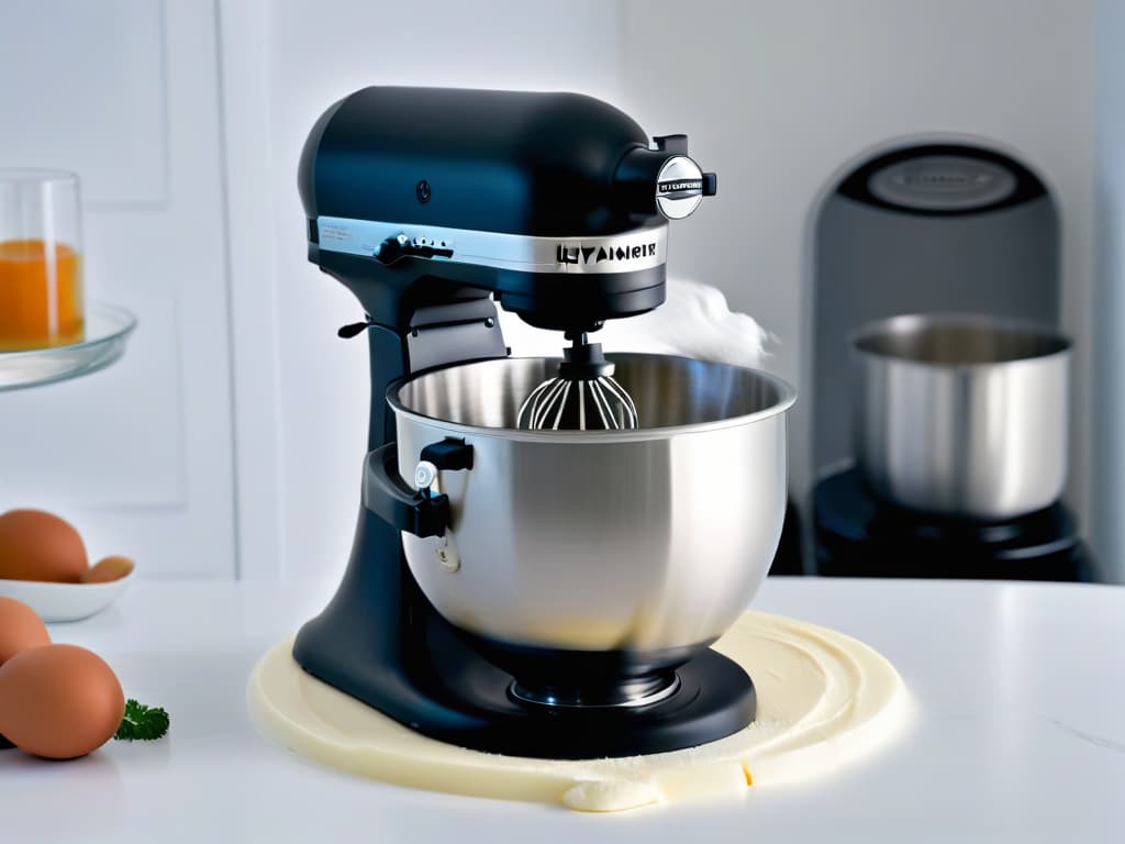  A closeup, ultradetailed image of a sleek, matte black stand mixer in a pristine kitchen setting, highlighting the brand logo subtly etched on the side. The mixer is in the midst of whipping up a fluffy meringue, with wisps of egg whites elegantly swirling in the pristine stainless steel bowl. The soft, even lighting accentuates the clean lines of the appliance, emphasizing its premium quality and professional appeal. hyperrealistic, full body, detailed clothing, highly detailed, cinematic lighting, stunningly beautiful, intricate, sharp focus, f/1. 8, 85mm, (centered image composition), (professionally color graded), ((bright soft diffused light)), volumetric fog, trending on instagram, trending on tumblr, HDR 4K, 8K