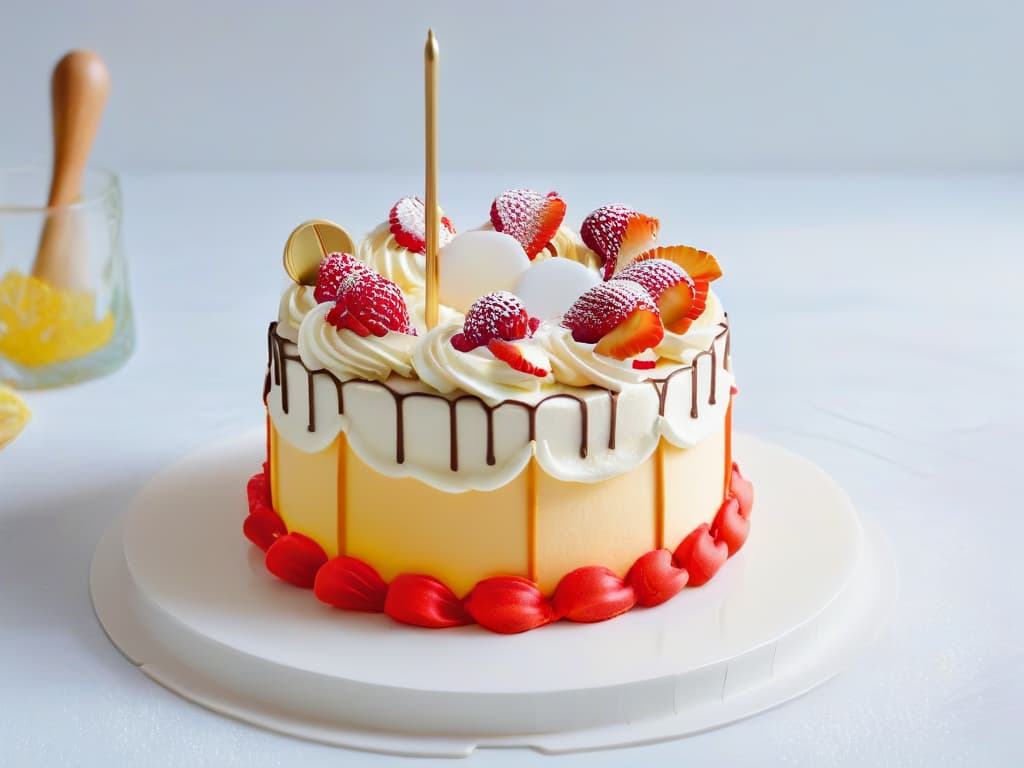  A minimalist, highresolution image of a beautifully decorated cake sitting on a marble countertop, with vibrant, colorful frosting and intricate piping details. The cake is surrounded by scattered baking utensils like a whisk, measuring cups, and a piping bag, all set against a clean, white backdrop to emphasize the artistry of the confection. hyperrealistic, full body, detailed clothing, highly detailed, cinematic lighting, stunningly beautiful, intricate, sharp focus, f/1. 8, 85mm, (centered image composition), (professionally color graded), ((bright soft diffused light)), volumetric fog, trending on instagram, trending on tumblr, HDR 4K, 8K