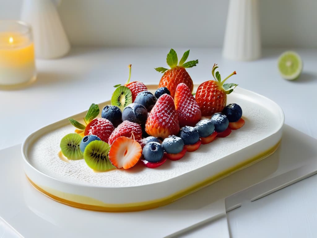  A closeup, ultradetailed image of a decadent, yet healthy dessert masterpiece. The dessert is artfully plated on a sleek, white ceramic dish, showcasing vibrant layers of fresh, colorful fruits like strawberries, blueberries, and kiwi. The fruits are meticulously arranged in an intricate geometric pattern, drizzled with a glossy glaze made from natural honey. Each fruit glistens under soft, natural lighting, highlighting their juiciness and freshness. The image exudes an aura of elegance and health, inviting the viewer to indulge in a guiltfree treat that nourishes both body and soul. hyperrealistic, full body, detailed clothing, highly detailed, cinematic lighting, stunningly beautiful, intricate, sharp focus, f/1. 8, 85mm, (centered image composition), (professionally color graded), ((bright soft diffused light)), volumetric fog, trending on instagram, trending on tumblr, HDR 4K, 8K