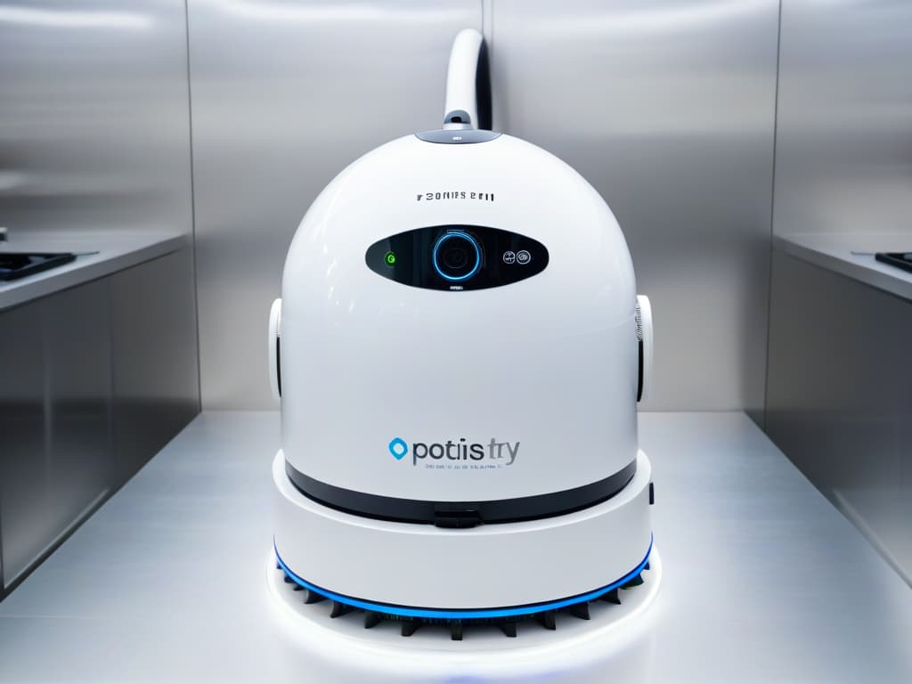  An ultradetailed 8k image of a sleek and futuristic cleaning robot specifically designed for cleaning pastry kitchens. The robot is equipped with advanced technology, featuring multiple arms with specialized tools for scrubbing, wiping, and sanitizing surfaces. Its sleek design and minimalistic aesthetic complement the hightech environment of a bustling pastry kitchen, showcasing the seamless integration of cuttingedge robotics in the cleaning process. hyperrealistic, full body, detailed clothing, highly detailed, cinematic lighting, stunningly beautiful, intricate, sharp focus, f/1. 8, 85mm, (centered image composition), (professionally color graded), ((bright soft diffused light)), volumetric fog, trending on instagram, trending on tumblr, HDR 4K, 8K