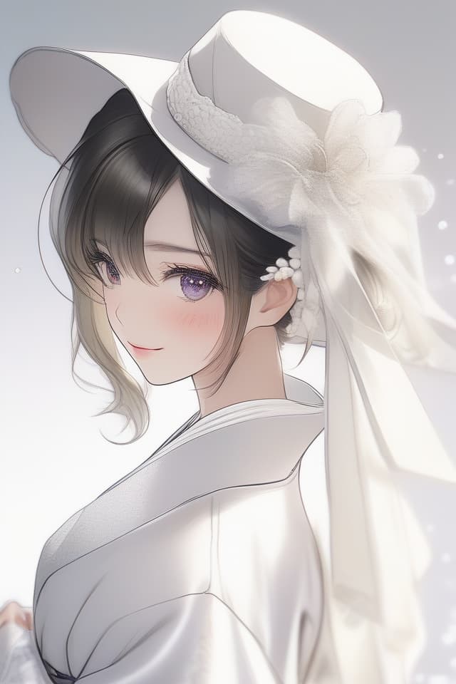  Fluffy illustration (Close Up of Upper Body) Masterpiece, Japanese Bride, Japanese Bridal Gown, White Kimono with Silver ERY, Cotton Hat, EYES HIDDEN AND ONLY Mouth Visible, High Quality, 8k