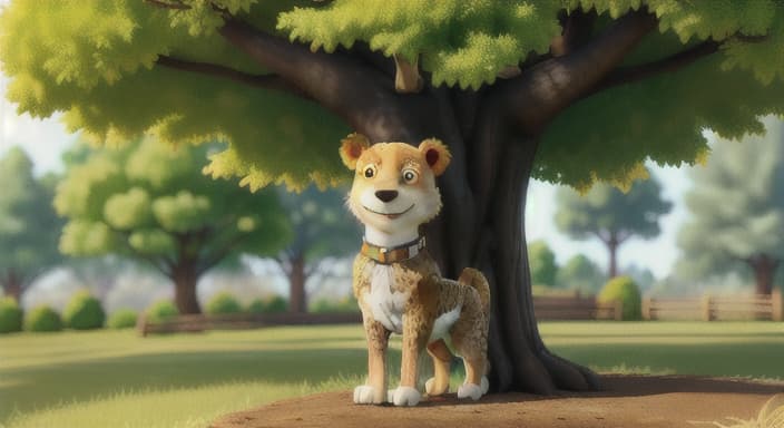  {Grace standing tall under the shade of a tree, smiling., Grace has a kind smile and golden spots on her coat.