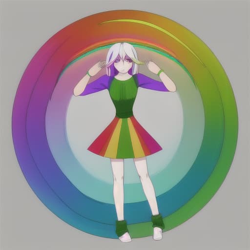  A circle where a has hair in rainbow color with different color of leaves and straight posture s out