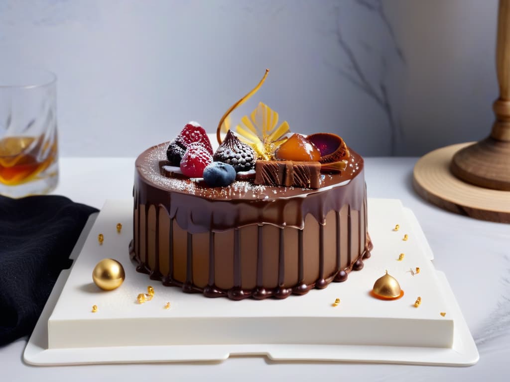  An ultradetailed image of a beautifully crafted chocolate cake, adorned with delicate gold leaf accents, sitting on a sleek marble platter. The cake is drizzled with a rich, glossy caramel sauce infused with premium aged rum, emanating an elegant and sophisticated aura. The play of light and shadow emphasizes the luxurious texture of the cake and the shimmer of the gold leaf, creating a visually stunning and enticing composition that epitomizes the fusion of premium liquors with exquisite desserts. hyperrealistic, full body, detailed clothing, highly detailed, cinematic lighting, stunningly beautiful, intricate, sharp focus, f/1. 8, 85mm, (centered image composition), (professionally color graded), ((bright soft diffused light)), volumetric fog, trending on instagram, trending on tumblr, HDR 4K, 8K