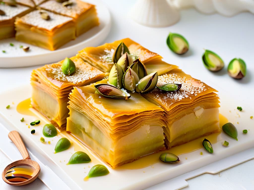  A stunning closeup image of a delicate rosewaterinfused baklava, elegantly garnished with slivered pistachios and a drizzle of golden honey, resting on a white marble serving platter. The layers of crisp filo pastry are perfectly golden brown and the pistachios are finely chopped, adding a touch of green to the decadent dessert. The honey glistens in the soft light, highlighting the intricate textures and inviting the viewer to savor the flavors of this exquisite Arabian treat. hyperrealistic, full body, detailed clothing, highly detailed, cinematic lighting, stunningly beautiful, intricate, sharp focus, f/1. 8, 85mm, (centered image composition), (professionally color graded), ((bright soft diffused light)), volumetric fog, trending on instagram, trending on tumblr, HDR 4K, 8K