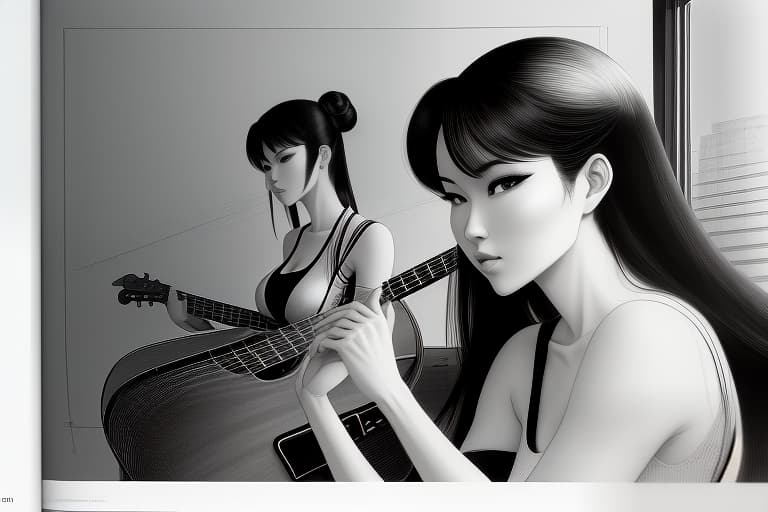  Style of a caricature comic about a hotel with an interesting car, featuring women playing musical instruments such as drums, saxophones, and guitars., (Manga Style, Yusuke Murata, Satoshi Kon, Ken Sugimori, Hiromu Arakawa), Pencil drawing, (B&W:1.2), Low detail, sketch, concept art, Anime style, line art, webtoon, manhua, chalk, hand drawn, defined lines, simple shades, simplistic, manga page, minimalistic, High contrast, Precision artwork, Linear compositions, Scalable artwork, Digital art, High Contrast Shadows hyperrealistic, full body, detailed clothing, highly detailed, cinematic lighting, stunningly beautiful, intricate, sharp focus, f/1. 8, 85mm, (centered image composition), (professionally color graded), ((bright soft diffused light)), volumetric fog, trending on instagram, trending on tumblr, HDR 4K, 8K