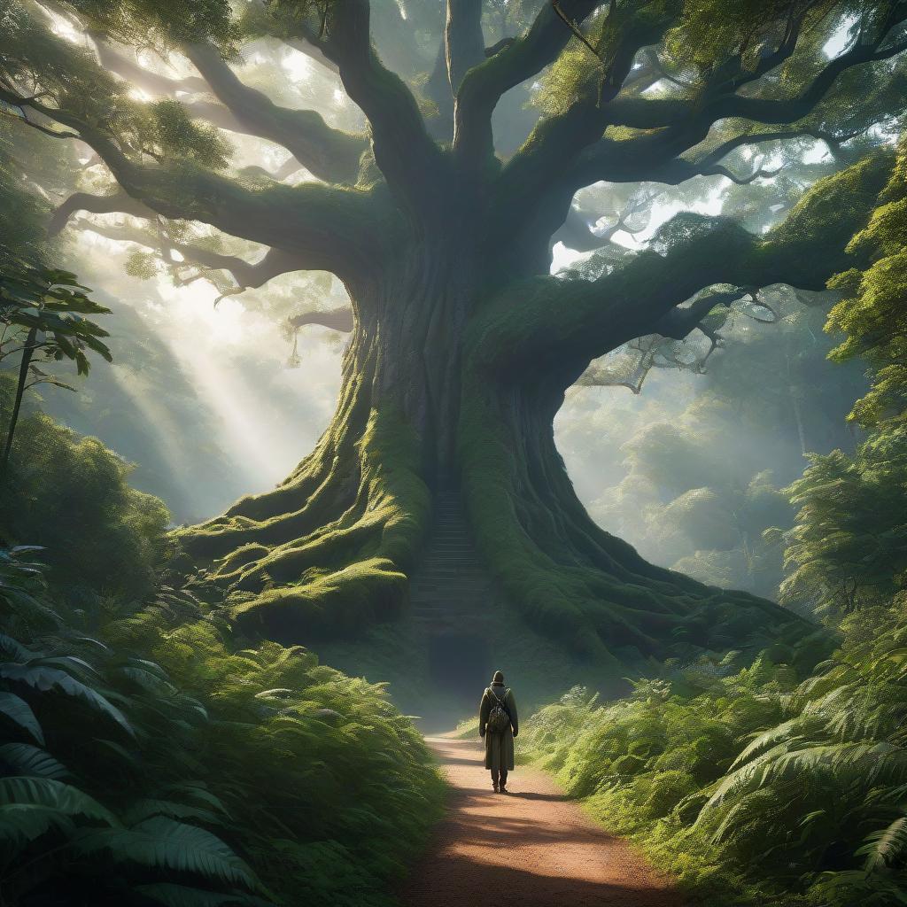  A gigantic tree in the middle of the forest, with a path leading to it, surrounded by bushes, thickets, and jungles. hyperrealistic, full body, detailed clothing, highly detailed, cinematic lighting, stunningly beautiful, intricate, sharp focus, f/1. 8, 85mm, (centered image composition), (professionally color graded), ((bright soft diffused light)), volumetric fog, trending on instagram, trending on tumblr, HDR 4K, 8K