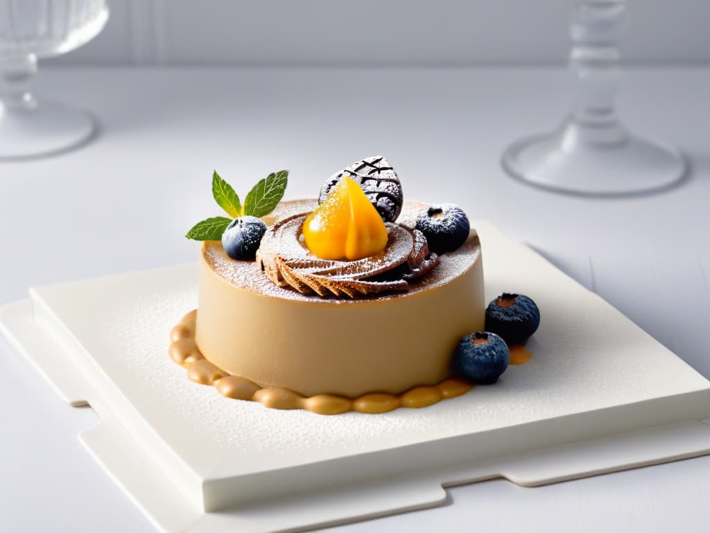  A highresolution image of a beautifully crafted dessert presentation featuring a minimalist design approach. The image showcases a delicate dessert placed on a simple, elegant plate with clean lines and modern aesthetics. The dessert is artfully garnished with precise details, enhancing its visual appeal and highlighting the influence of graphic design in dessert presentation. The background is softly blurred to keep the focus on the dessert and its design elements, creating a visually stunning and inspiring composition. hyperrealistic, full body, detailed clothing, highly detailed, cinematic lighting, stunningly beautiful, intricate, sharp focus, f/1. 8, 85mm, (centered image composition), (professionally color graded), ((bright soft diffused light)), volumetric fog, trending on instagram, trending on tumblr, HDR 4K, 8K