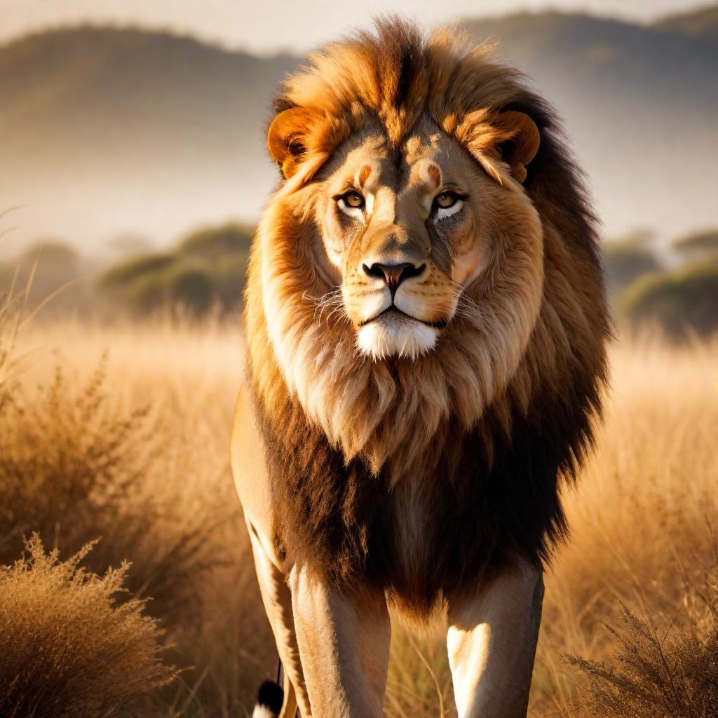  A majestic lion with a beautiful mane standing proudly in the savanna under the golden sun. hyperrealistic, full body, detailed clothing, highly detailed, cinematic lighting, stunningly beautiful, intricate, sharp focus, f/1. 8, 85mm, (centered image composition), (professionally color graded), ((bright soft diffused light)), volumetric fog, trending on instagram, trending on tumblr, HDR 4K, 8K