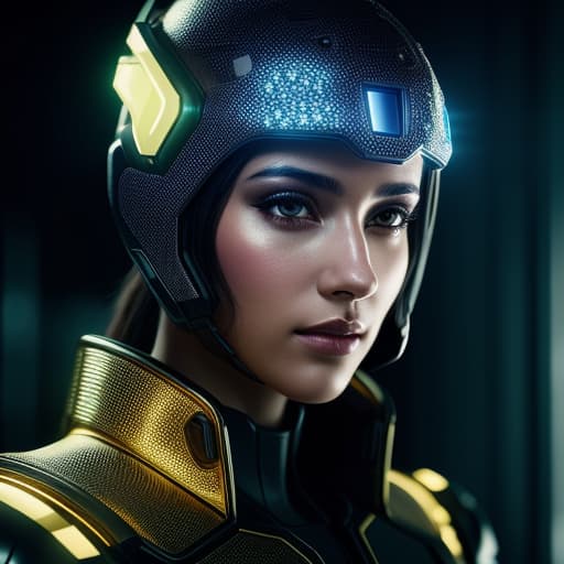  woman wearing a cyberpunk style shiny and slimy gold helmet with robotic features, the reflection on her face is made of glowing blue wires with intricate details, hyper realistic photography in the style of editorial pose, photorealistic, 8k, high render --v 6.0 --ar 9:16, intricate details, photorealistic,hyperrealistic, high quality, highly detailed, cinematic lighting, intricate, sharp focus, f/1. 8, 85mm, (centered image composition), (professionally color graded), ((bright soft diffused light)), volumetric fog, trending on instagram, HDR 4K, 8K