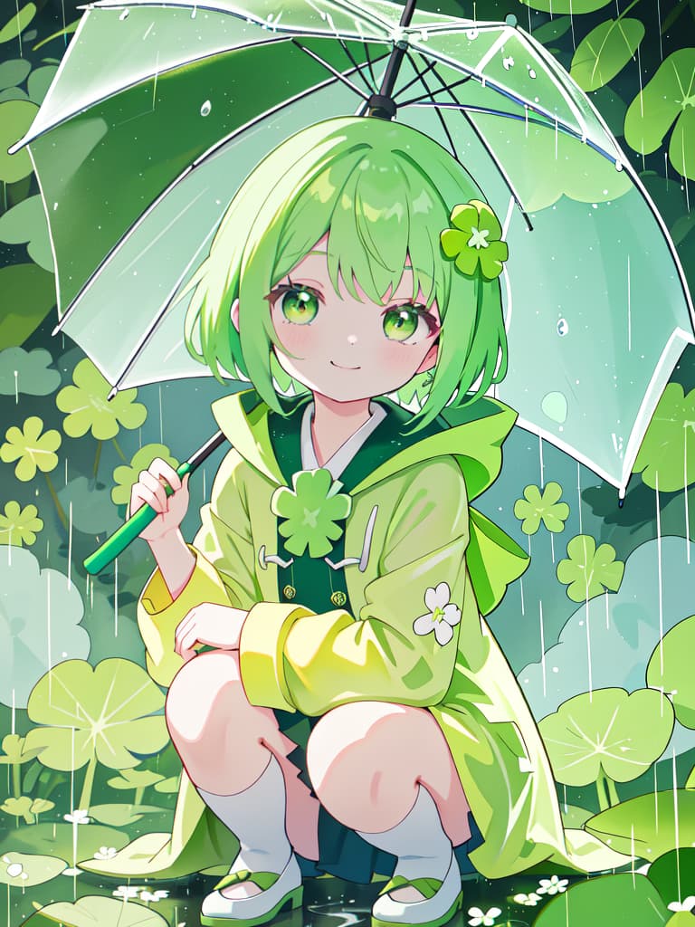  Looking at the clover of the four leaf with an umbrella in the rain, a green haired little girl character in a yellow raincoat is crouching and looking at it with a smile., masterpiece, best quality,8k,ultra detailed,high resolution,an extremely delicate and beautiful,hyper detail