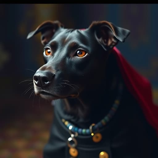  a black dog hyperrealistic, full body, detailed clothing, highly detailed, cinematic lighting, stunningly beautiful, intricate, sharp focus, f/1. 8, 85mm, (centered image composition), (professionally color graded), ((bright soft diffused light)), volumetric fog, trending on instagram, trending on tumblr, HDR 4K, 8K