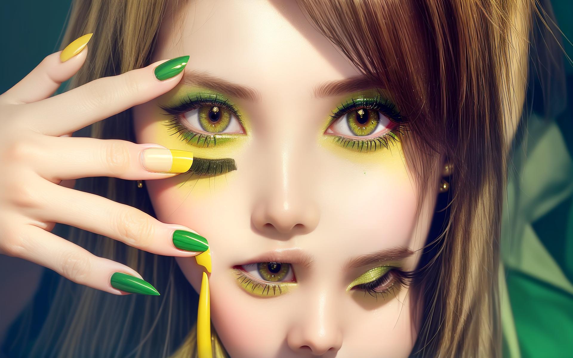  Masterpiece, best quality, this close up photo captures the subtle details of a beautiful makeup with a green theme. The model's face features light makeup, with emphasis on the eyes, complemented by subtle yellow eyeshadow and a hint of shimmer. The nails are also shown in the picture, adorned with complex manicures in matching yellow tones. It has a clean and modern aesthetic. The mood and atmosphere exude elegance and complexity. The style of the image tends towards soft and dreamy watercolor effects, adding a whimsical feel to the overall composition.The realisation of this photo can be achieved with a high resolution camera, capturing intricate details and using natural light to enhance the beauty of the subject.