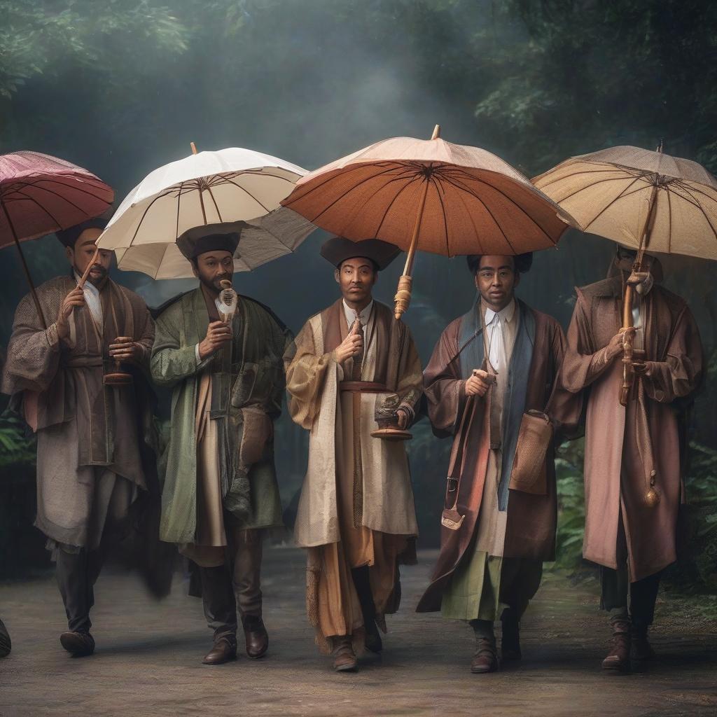  The team holding umbrellas holds a wooden cup. hyperrealistic, full body, detailed clothing, highly detailed, cinematic lighting, stunningly beautiful, intricate, sharp focus, f/1. 8, 85mm, (centered image composition), (professionally color graded), ((bright soft diffused light)), volumetric fog, trending on instagram, trending on tumblr, HDR 4K, 8K